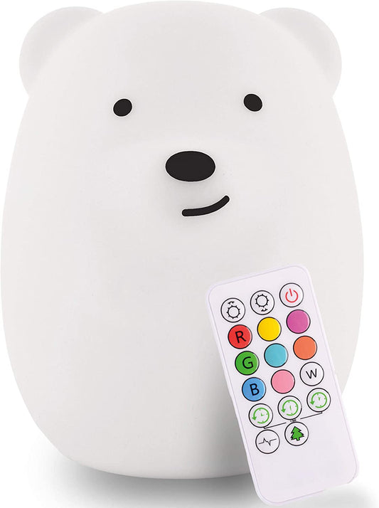 Silicone Night Light for Kids, Bear - 9 Soft Colors, Remote Sleep Timer - Rechargeable, Battery-Operated Light for Toddler, Baby, Girls, Boys - Bedroom, Nursery