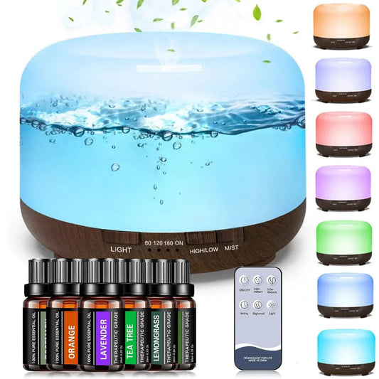 Diffusers for Essential Oils,500Ml Electric Diffusers with 6X10Ml Oils,Cool Mist Humidifier with 7 LED Colors,Waterless Auto Shut-Off,Remote Control Suit for Home,Office